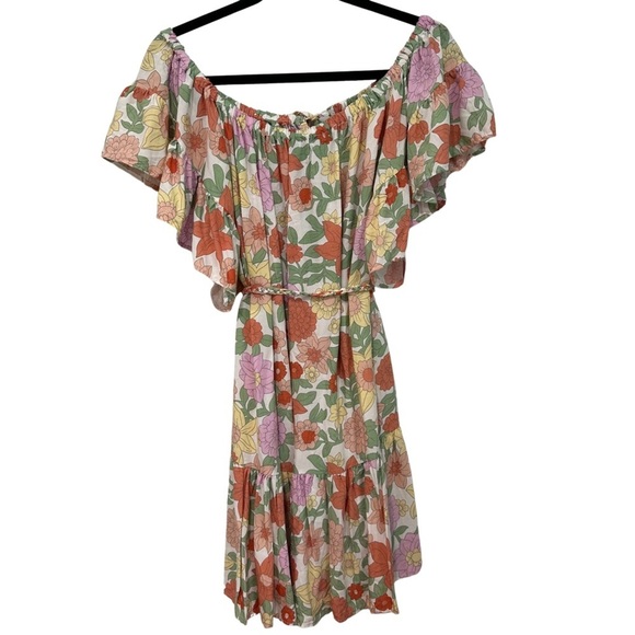 Rachel Zoe Floral Dress Multicolored Braided Belt Flutter Sleeve Boho Large NWT - Picture 10 of 10